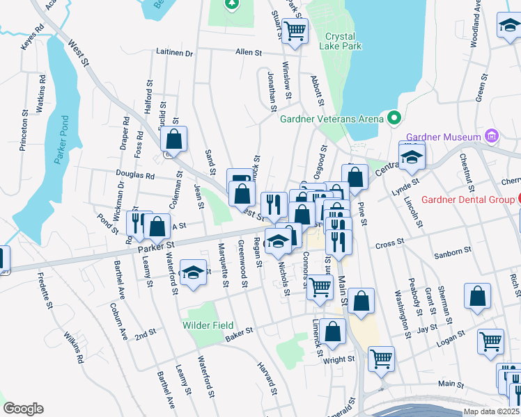 map of restaurants, bars, coffee shops, grocery stores, and more near 193 Parker Street in Gardner