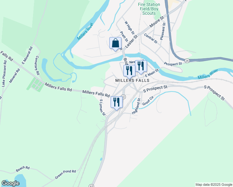 map of restaurants, bars, coffee shops, grocery stores, and more near 20 Federal Street in Millers Falls