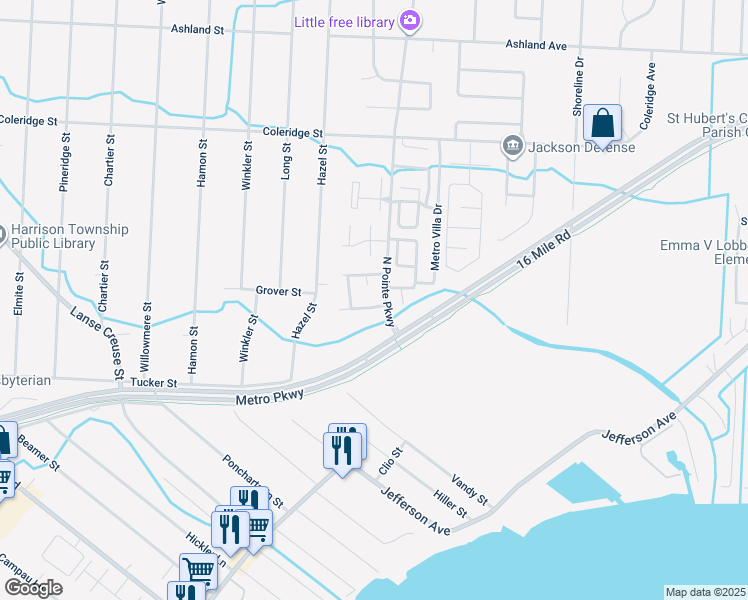 map of restaurants, bars, coffee shops, grocery stores, and more near 27631 Willowood Drive in Harrison Township