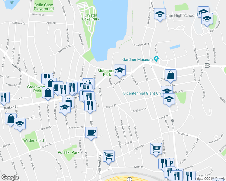 map of restaurants, bars, coffee shops, grocery stores, and more near 65 Maple Street in Gardner
