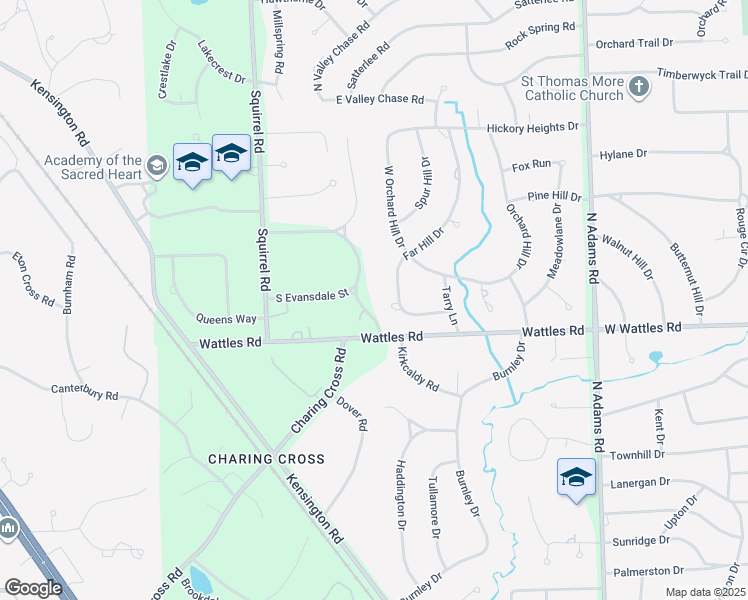 map of restaurants, bars, coffee shops, grocery stores, and more near 4455 Charing Cross Road in Bloomfield Hills