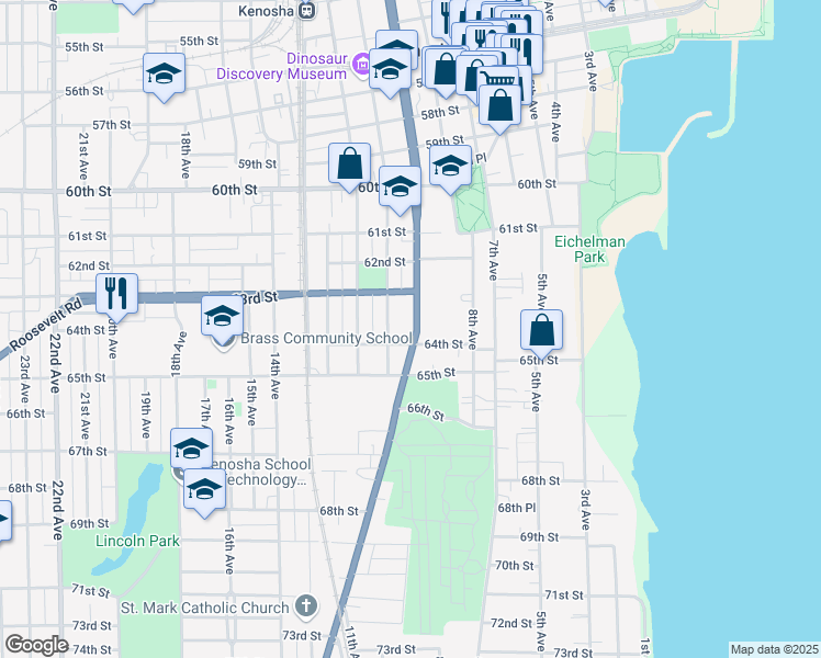 map of restaurants, bars, coffee shops, grocery stores, and more near 6336 Sheridan Road in Kenosha