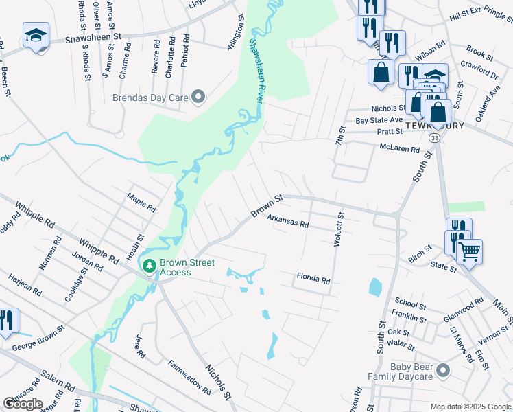 map of restaurants, bars, coffee shops, grocery stores, and more near 195 Brown Street in Tewksbury