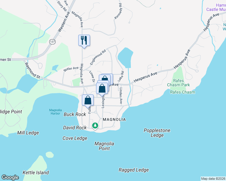 map of restaurants, bars, coffee shops, grocery stores, and more near 7 Ocean Avenue in Gloucester