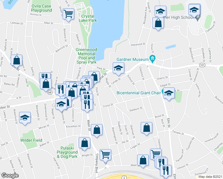 map of restaurants, bars, coffee shops, grocery stores, and more near 67 Maple Street in Gardner