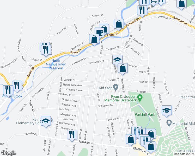 map of restaurants, bars, coffee shops, grocery stores, and more near 173 Oak Hill Road in Fitchburg