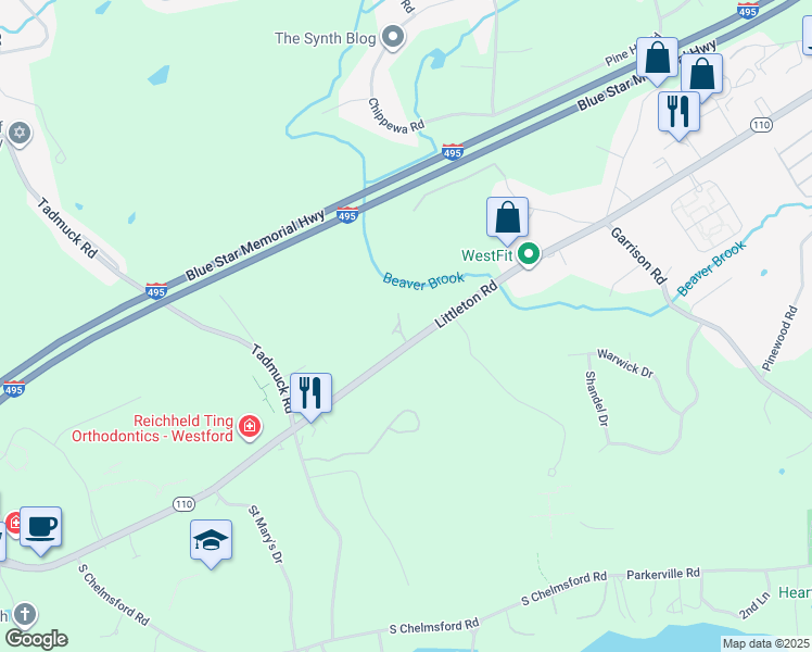 map of restaurants, bars, coffee shops, grocery stores, and more near 19 Littleton Road in Westford