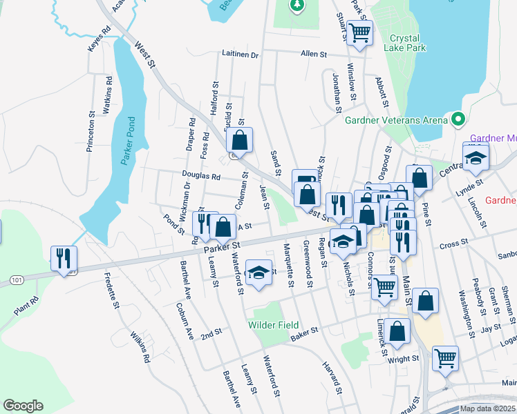 map of restaurants, bars, coffee shops, grocery stores, and more near 85 Jean Street in Gardner