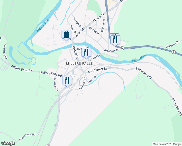 map of restaurants, bars, coffee shops, grocery stores, and more near 46 South Prospect Street in Montague