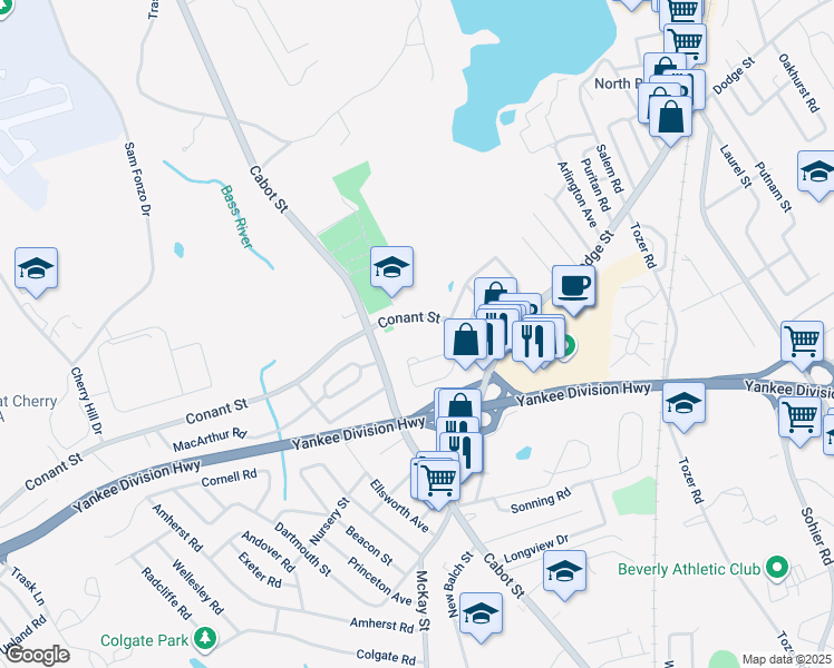 map of restaurants, bars, coffee shops, grocery stores, and more near 29 Conant Street in Beverly