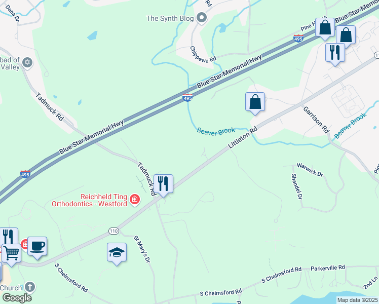 map of restaurants, bars, coffee shops, grocery stores, and more near 35 Littleton Road in Westford