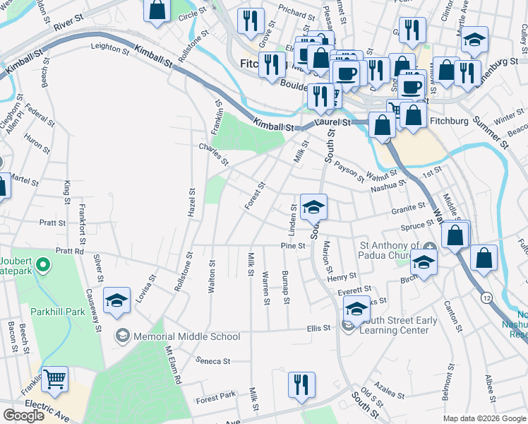 map of restaurants, bars, coffee shops, grocery stores, and more near 123 Milk Street in Fitchburg
