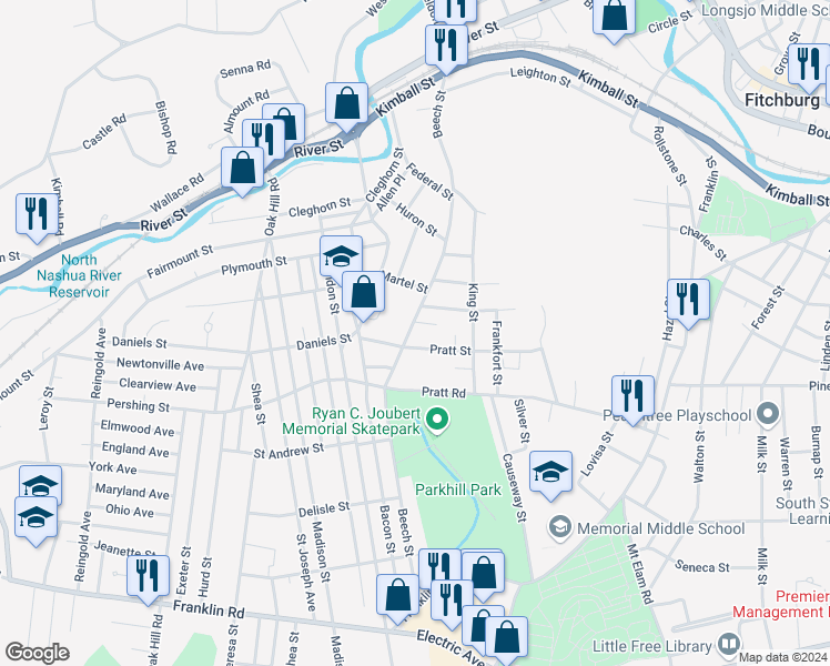 map of restaurants, bars, coffee shops, grocery stores, and more near 259 Beech Street in Fitchburg