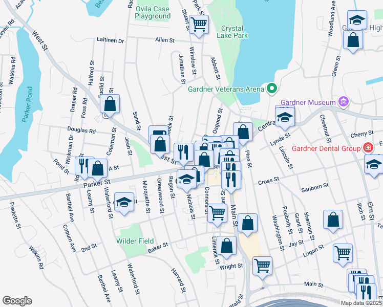 map of restaurants, bars, coffee shops, grocery stores, and more near 23 Oriole Street in Gardner