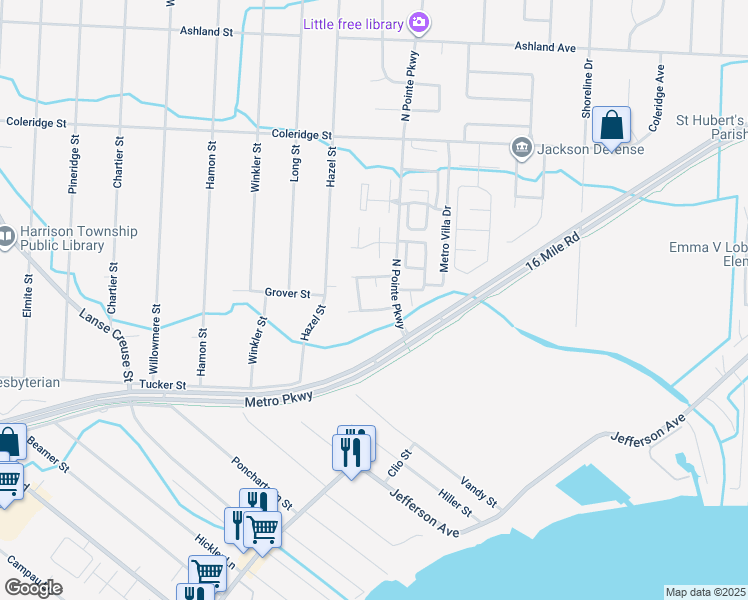map of restaurants, bars, coffee shops, grocery stores, and more near 27659 North Willowood Court in Harrison charter Township