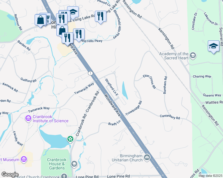 map of restaurants, bars, coffee shops, grocery stores, and more near 1049 Stratford Lane East in Bloomfield Hills
