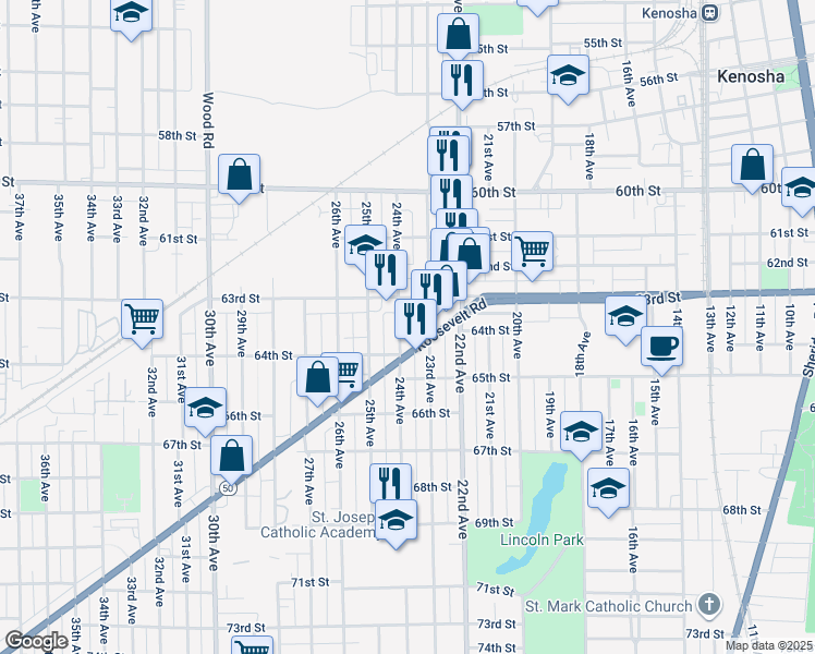 map of restaurants, bars, coffee shops, grocery stores, and more near 2301 63rd Street in Kenosha