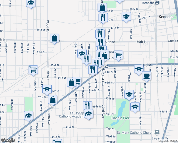map of restaurants, bars, coffee shops, grocery stores, and more near 2407 63rd Street in Kenosha