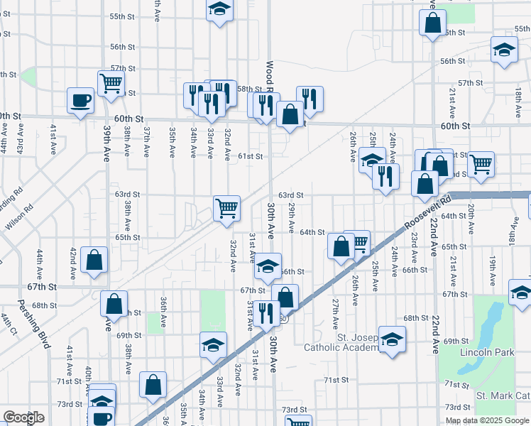 map of restaurants, bars, coffee shops, grocery stores, and more near 6304 30th Avenue in Kenosha