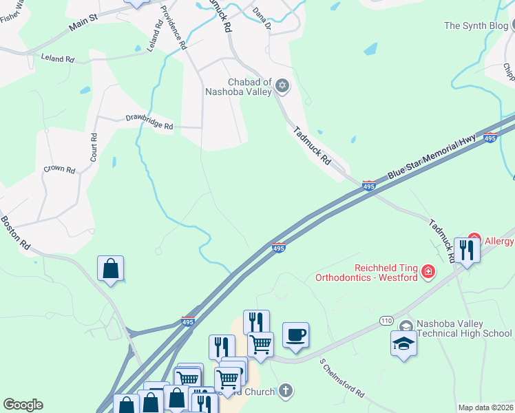 map of restaurants, bars, coffee shops, grocery stores, and more near 104 Providence Road in Westford