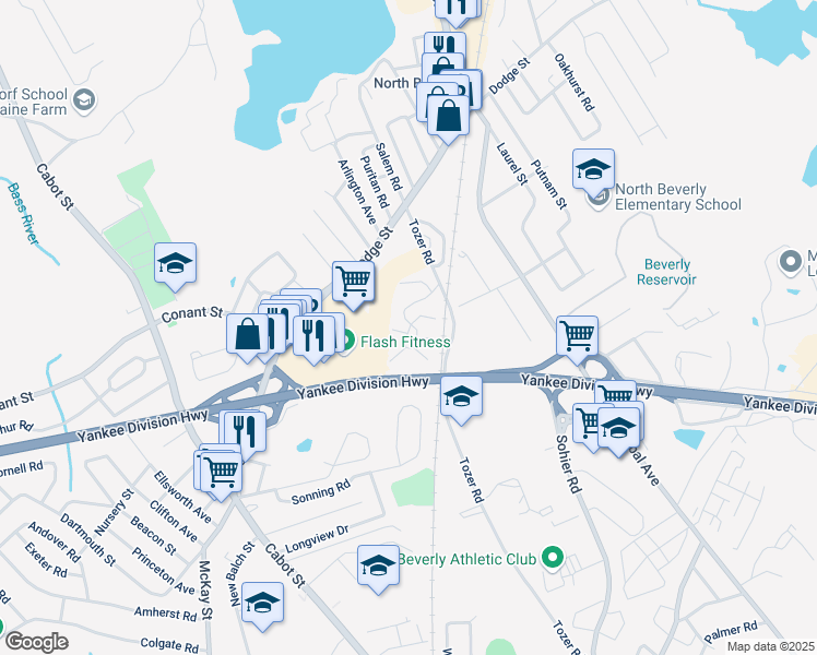 map of restaurants, bars, coffee shops, grocery stores, and more near 0 Beverly Commons Drive in Beverly