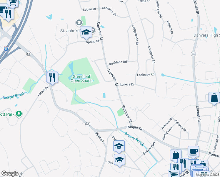 map of restaurants, bars, coffee shops, grocery stores, and more near 44 Summer Street in Danvers