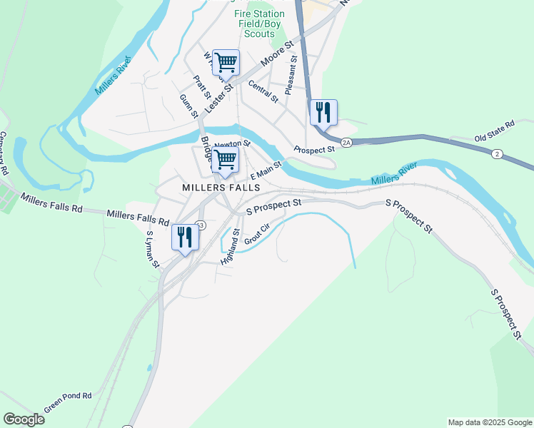 map of restaurants, bars, coffee shops, grocery stores, and more near 46 South Prospect Street in Millers Falls
