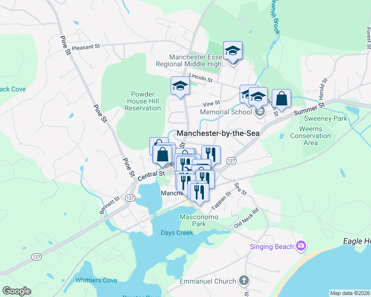 map of restaurants, bars, coffee shops, grocery stores, and more near 3 Brook Street in Manchester-by-the-Sea