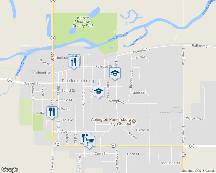 map of restaurants, bars, coffee shops, grocery stores, and more near 401 Dickens Street in Parkersburg