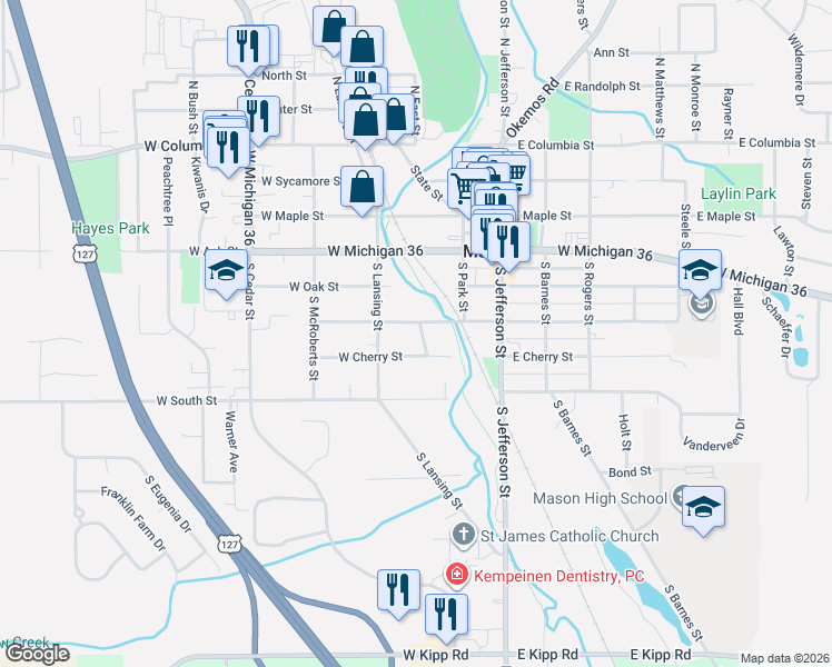 map of restaurants, bars, coffee shops, grocery stores, and more near 318 West Elm Street in Mason
