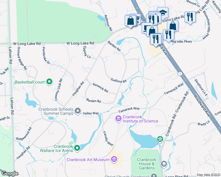 map of restaurants, bars, coffee shops, grocery stores, and more near 219 Guilford Road in Bloomfield Hills