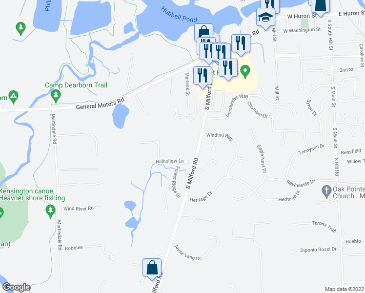 map of restaurants, bars, coffee shops, grocery stores, and more near 1150 South Milford Road in Milford Charter Township