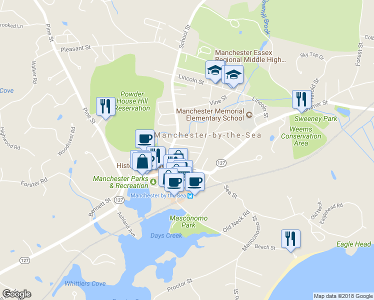 map of restaurants, bars, coffee shops, grocery stores, and more near 19 Desmond Avenue in Manchester-by-the-Sea