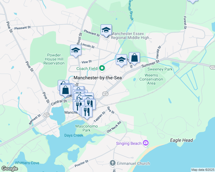 map of restaurants, bars, coffee shops, grocery stores, and more near 7 1 Allen Avenue in Manchester-by-the-Sea