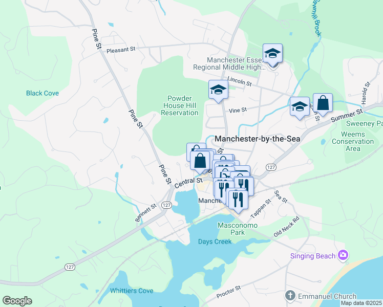 map of restaurants, bars, coffee shops, grocery stores, and more near 3 Powder House Lane in Manchester-by-the-Sea