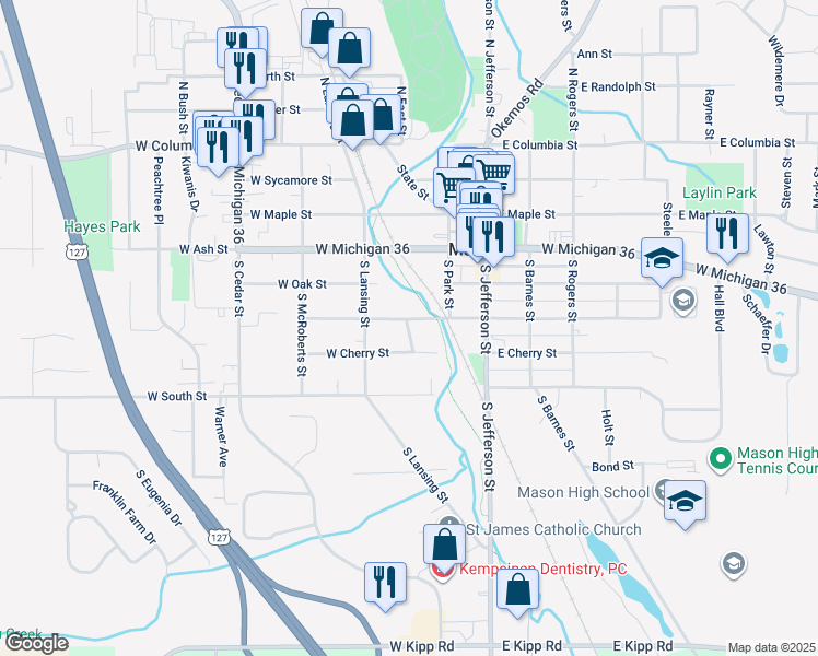 map of restaurants, bars, coffee shops, grocery stores, and more near 226 West Elm Street in Mason