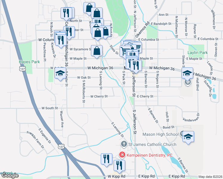 map of restaurants, bars, coffee shops, grocery stores, and more near 318 West Elm Street in Mason