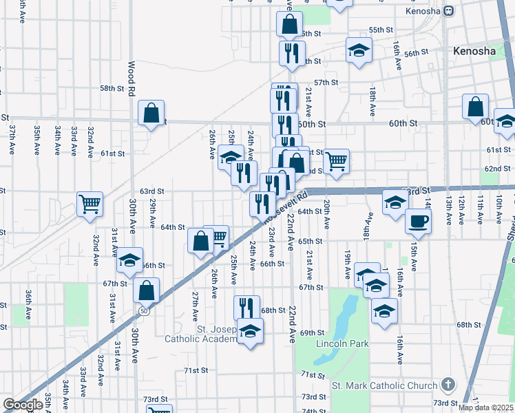 map of restaurants, bars, coffee shops, grocery stores, and more near 2301 63rd Street in Kenosha