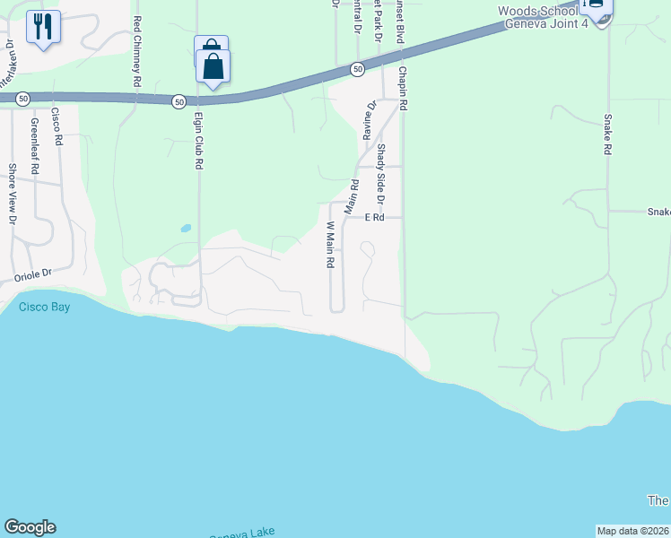 map of restaurants, bars, coffee shops, grocery stores, and more near N2349 West Main Road in Lake Geneva