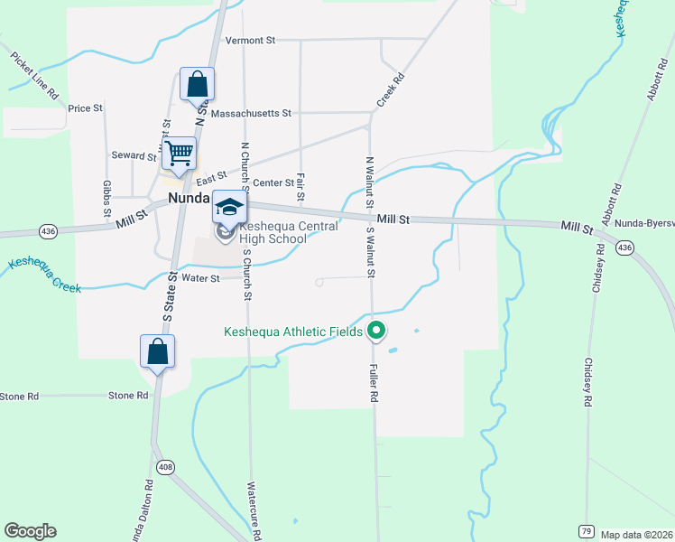 map of restaurants, bars, coffee shops, grocery stores, and more near 11 North Walnut Street in Nunda