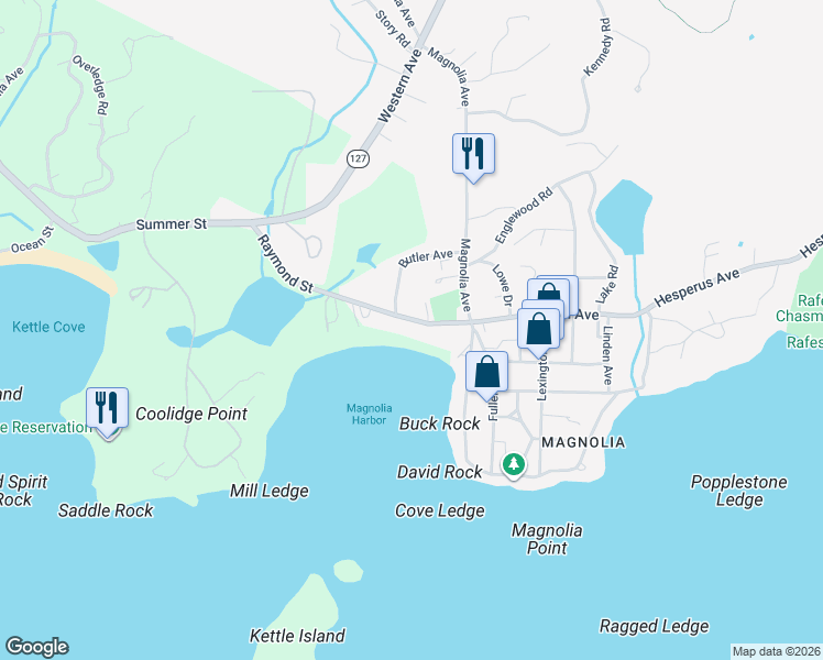 map of restaurants, bars, coffee shops, grocery stores, and more near 42 Raymond Street in Manchester-by-the-Sea