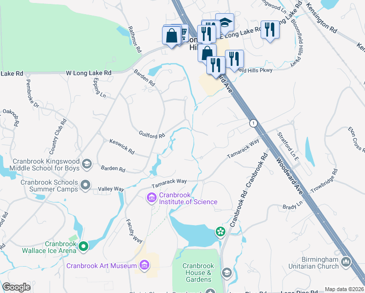 map of restaurants, bars, coffee shops, grocery stores, and more near 289 Barden Road in Bloomfield Hills
