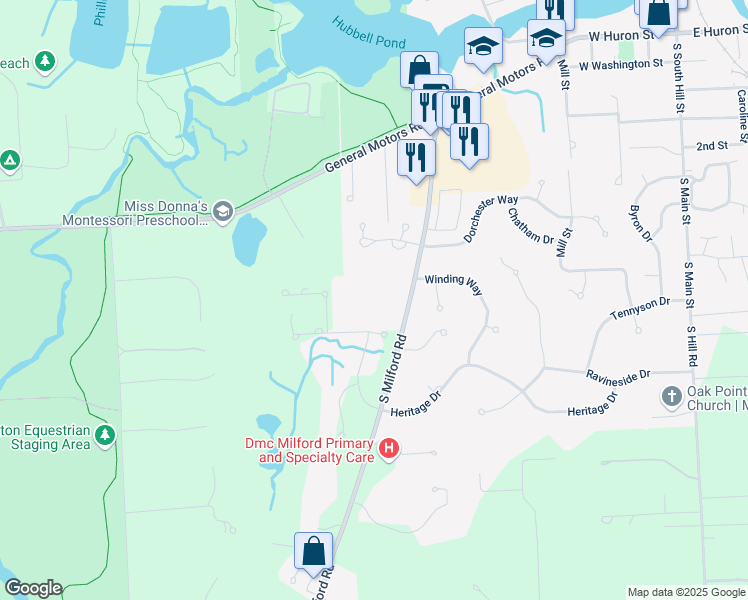 map of restaurants, bars, coffee shops, grocery stores, and more near 1150 South Milford Road in Milford Charter Township