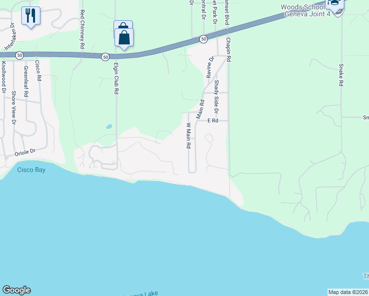 map of restaurants, bars, coffee shops, grocery stores, and more near N2349 West Main Road in Lake Geneva