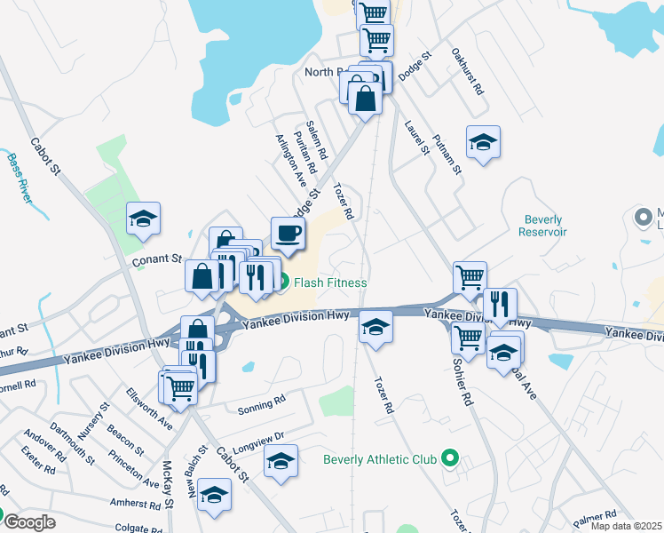 map of restaurants, bars, coffee shops, grocery stores, and more near 3 Beverly Commons Drive in Beverly