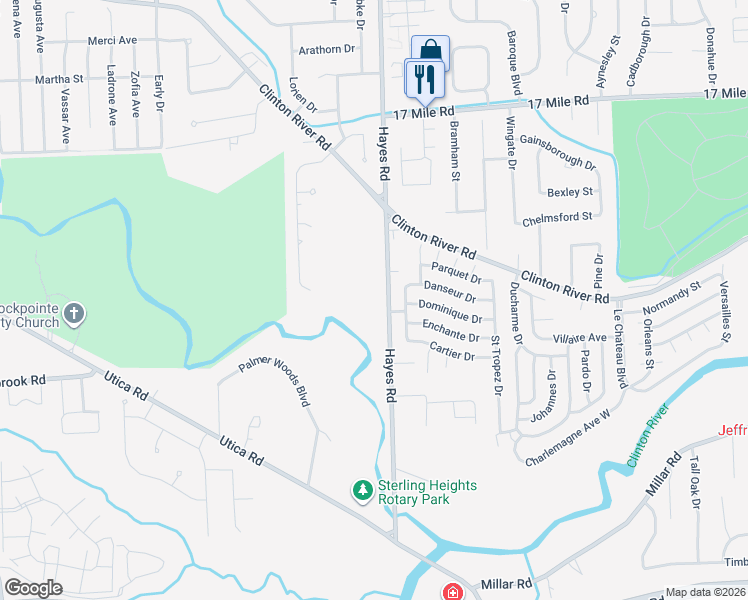 map of restaurants, bars, coffee shops, grocery stores, and more near 38183 Hayes Road in Sterling Heights