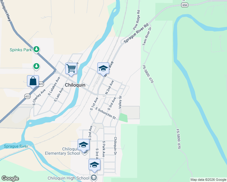 map of restaurants, bars, coffee shops, grocery stores, and more near 216 South 3rd Avenue in Chiloquin