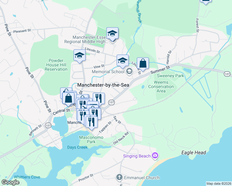 map of restaurants, bars, coffee shops, grocery stores, and more near 7 1 Allen Avenue in Manchester-by-the-Sea