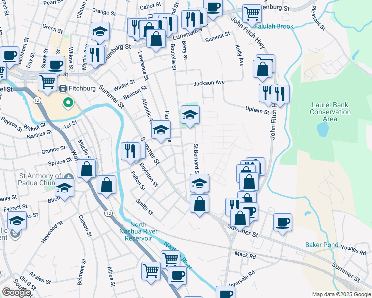 map of restaurants, bars, coffee shops, grocery stores, and more near 235 Boutelle Street in Fitchburg