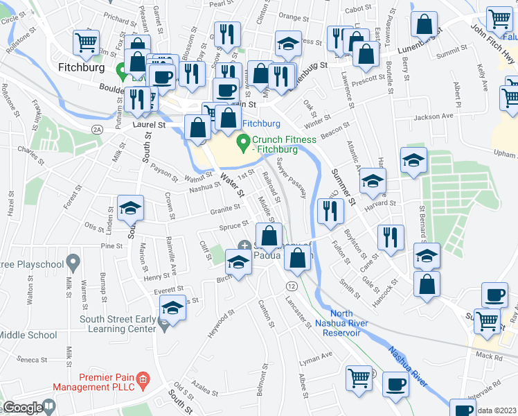 map of restaurants, bars, coffee shops, grocery stores, and more near 29 Middle Street in Fitchburg